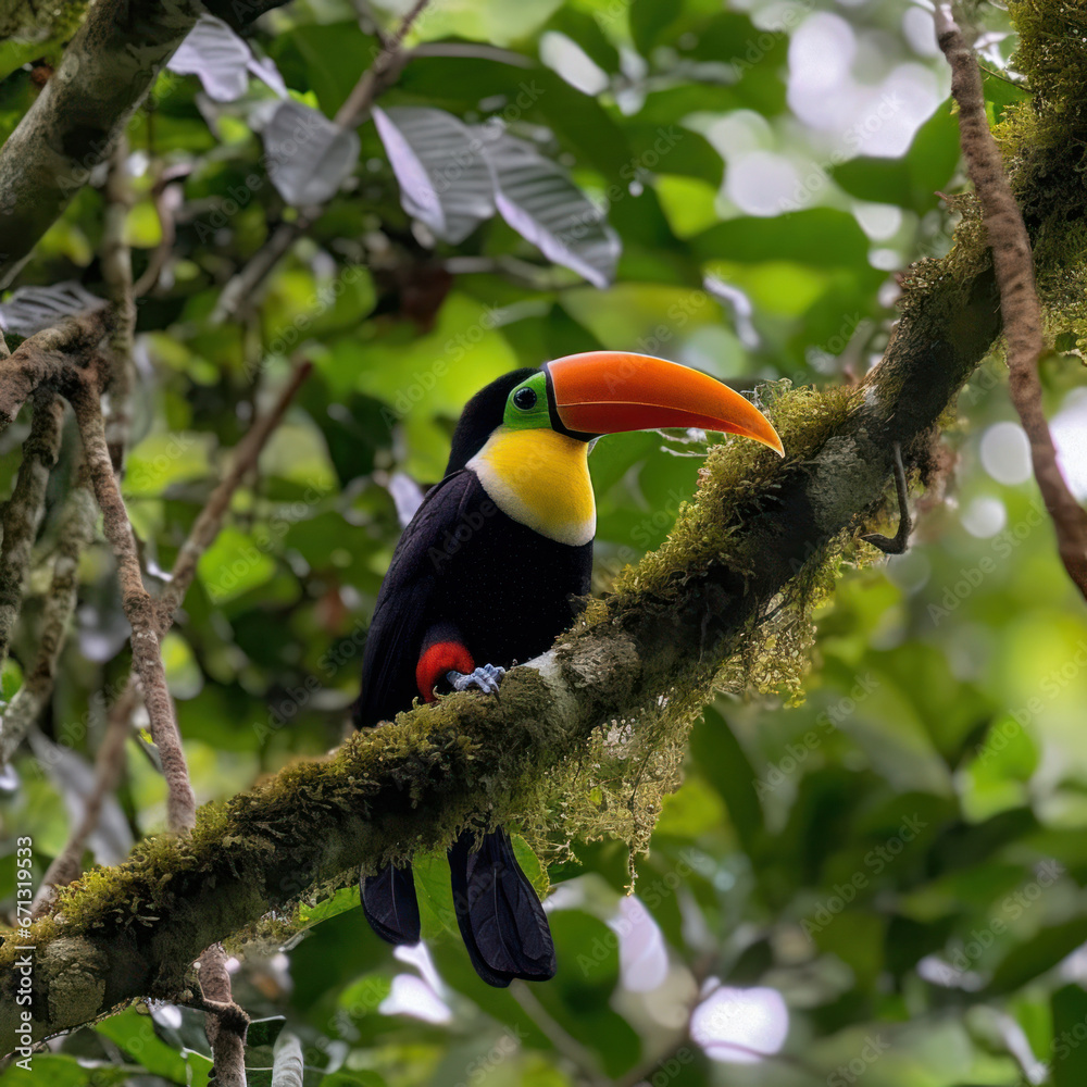 Fototapeta premium A tangerine toucan calling from atop a rainforest