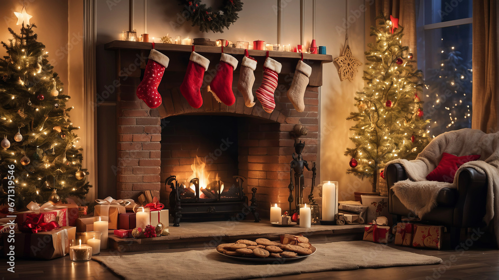 christmas tree with fireplace - obrazy, fototapety, plakaty 