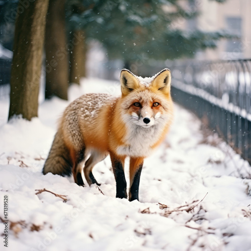 An amber fox prowling in a snowy urban park.  