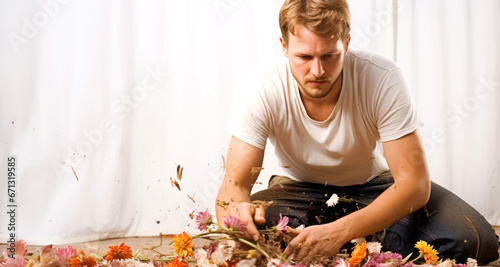 Florista sentado creando un ramo de flores photo