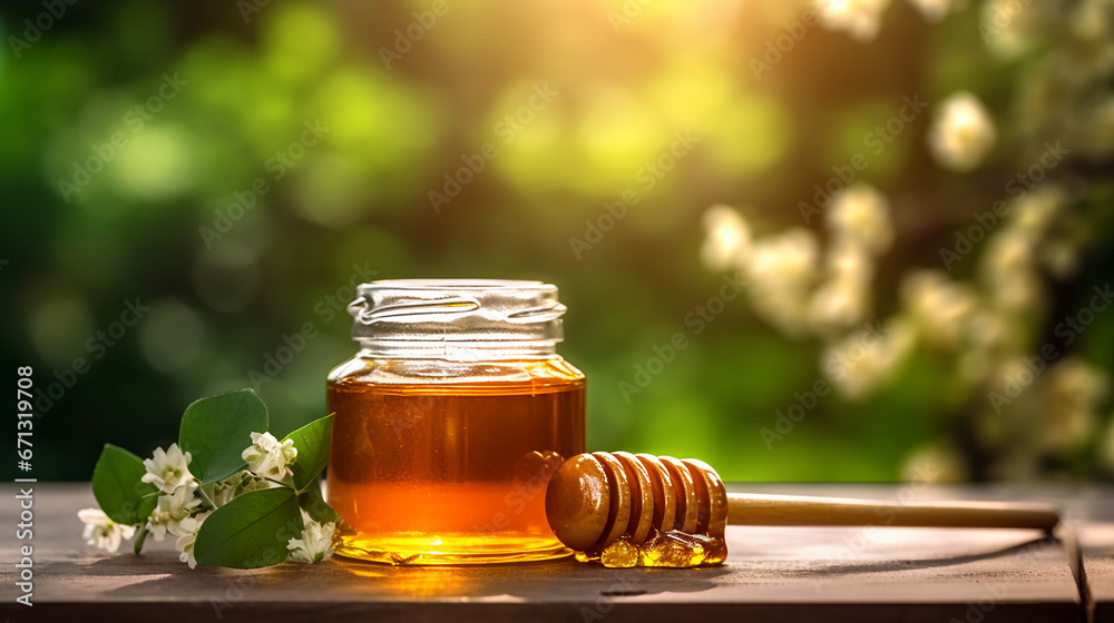 Jar of honey on wooden table Jar of honey on wooden table