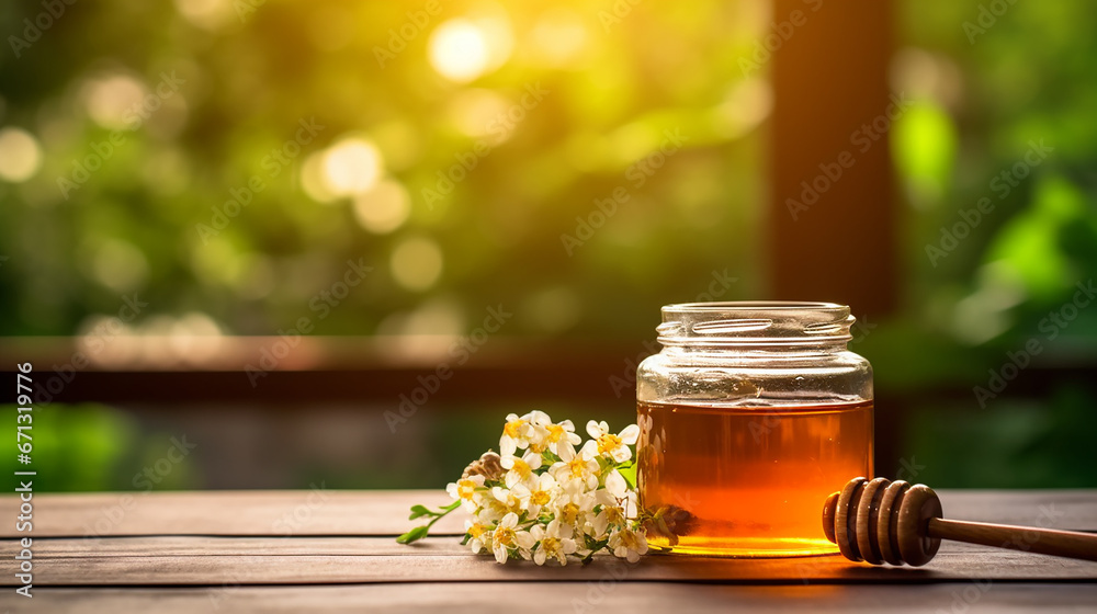 Jar of honey on wooden table Jar of honey on wooden table