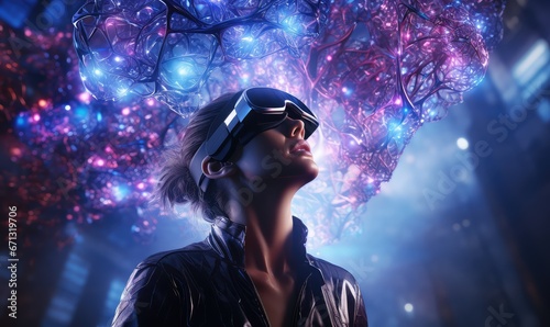 3d network nodes, person in VR headset, blue-ish glow and neon, colorful, bright, abstract background