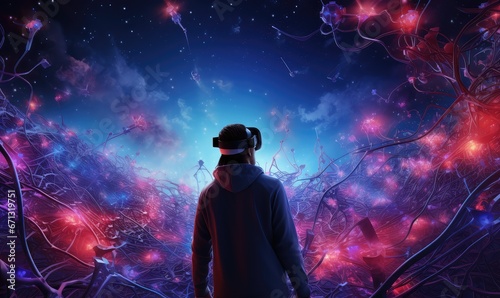 3d network nodes, person in VR headset, blue-ish glow and neon, colorful, bright, abstract background