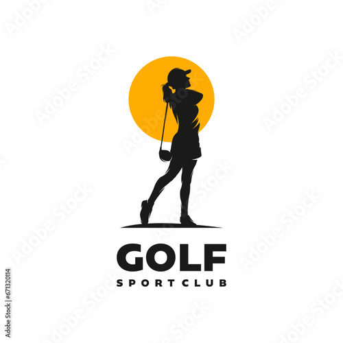 Female golf player silhouette logo design template