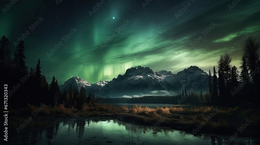 Aurora brollies in the night sky over the mountain lake