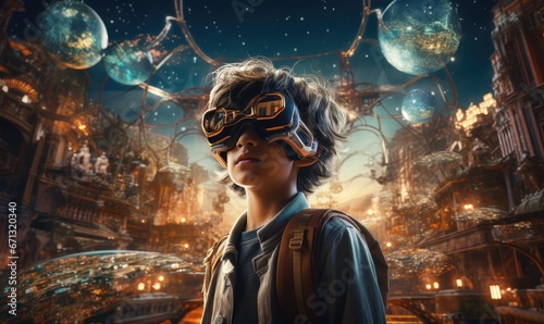 young boy wears virtual reality glasses in space park, in the style of surreal dreamlike landscapes