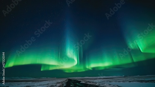 Aurora borealis, northern lights in the night sky.