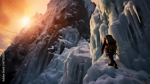 a frozen landscape with an ice climber in action