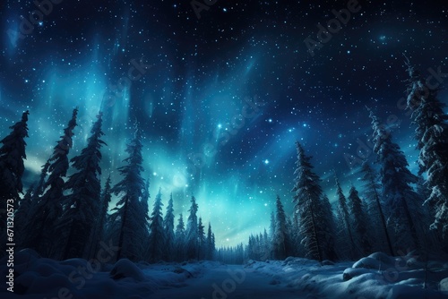 winter fairytale night atmosphere. beautiful northern lights in the sky. mysterious wildlife.