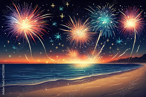 fireworks on the beach. Generative AI