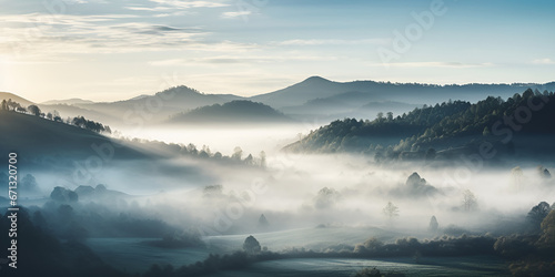 misty morning in the mountains photo
