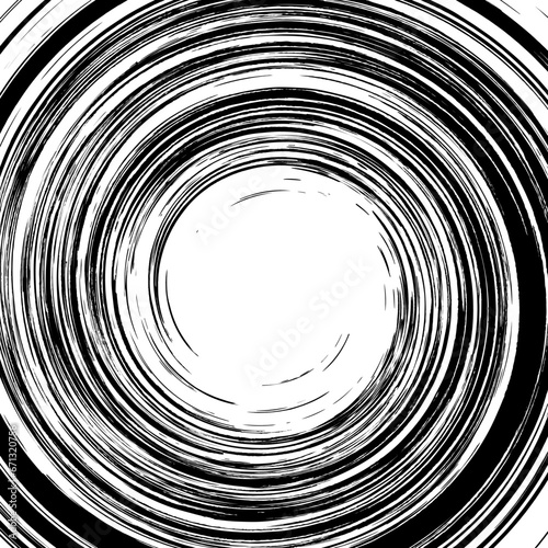 Black grunge vortex shape. Distress grainy urban texture of stains, ink, dots, stripes, scratches. Spiral vector illustration. Design element for banner, poster, grungy effect