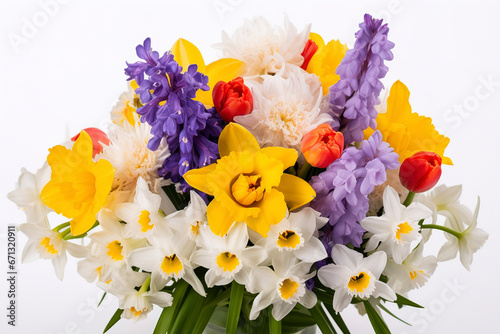 A flower bouquet of tulips, daffodils, and hyacinths is isolated against a white background. (Generative AI) © ShafiAzim