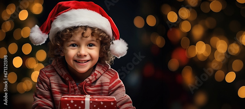 A boy dressed as Santa Claus, smiling with happiness while holding a present. Christmas concept and happiness in childhood.