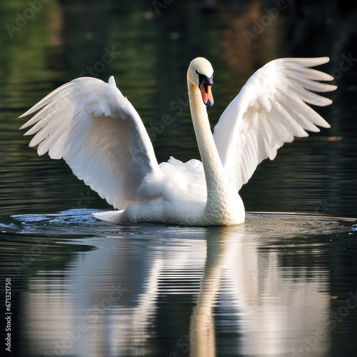 Graceful swan wings on a tranquil ponds mirror. 