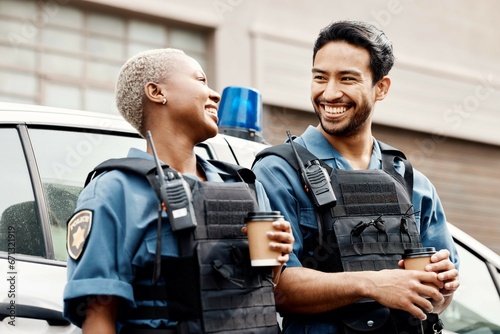 Car, coffee or police partner in city for protection, law enforcement or crime on a break together. Lunch, funny policeman or happy woman security guard laughing or standing for justice or teamwork photo