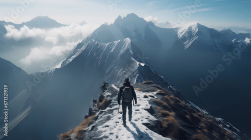 explorer walking on a narrow ridge high in the mountains photo