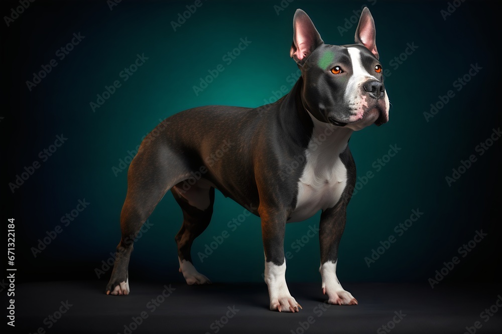 Portrait of an American Staffordshire Terrier standing on dark background. Generative AI.