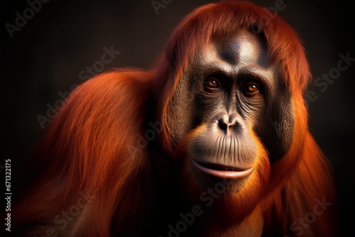 Portrait of a beautiful orangutan. Studio shot on dark background. Generative AI.