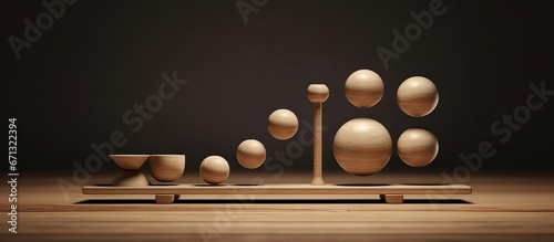 golden balls in balance on a wooden table.