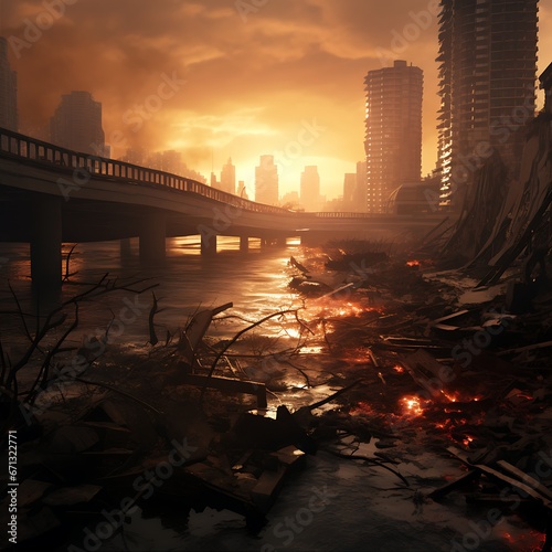 Empty post apocalyptic city landscape. Destroyed buildings, burnt-out and ruined roads film poster background © dwiadi14