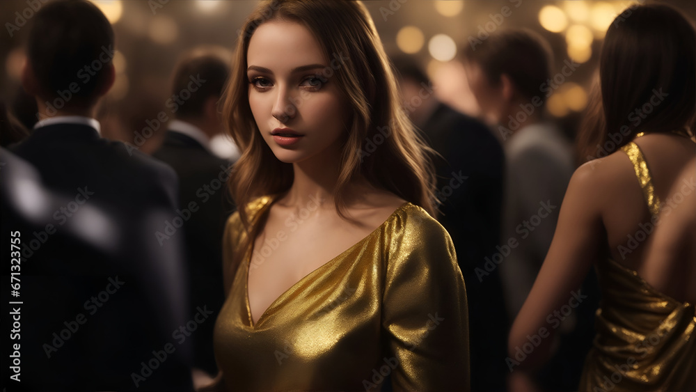 A stunning 22-year-old Caucasian woman wearing a gold dress, stands out in a blurred dark crowded luxery party.