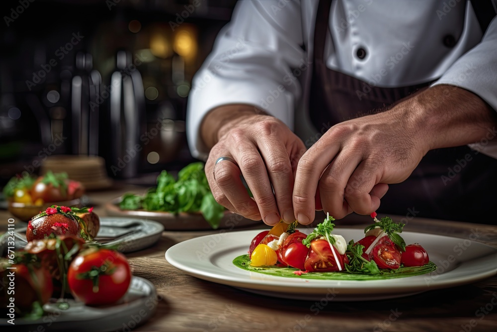 Close up of the hands of the chef who is preparing a salad
