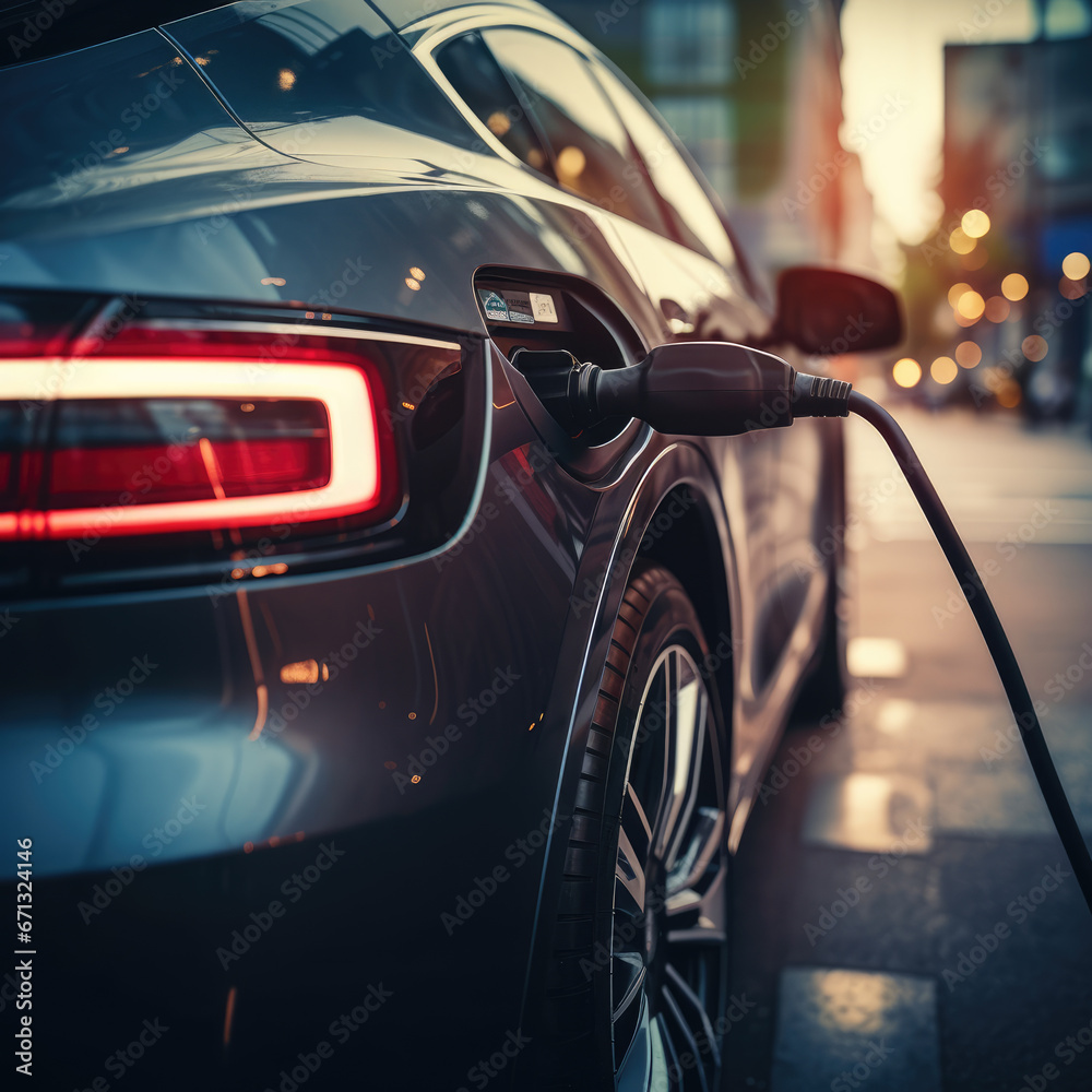 Advertising image, Close-up EV electric car plugged charging at standalone station.