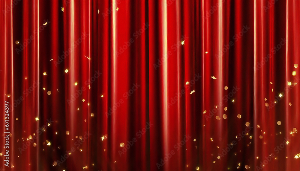 Naklejka premium A stage with a red curtain with falling confetti. Drape curtain material. Confetti.