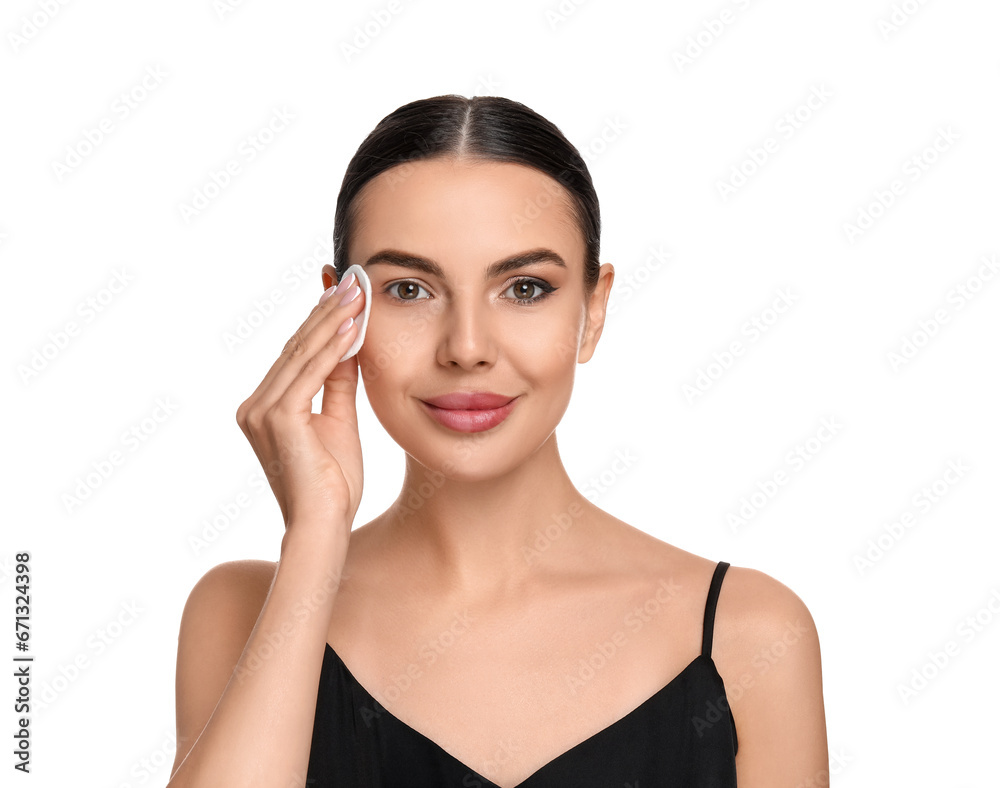 Beautiful woman removing makeup with cotton pad on white background Beautiful woman removing makeup with cotton pad on white background