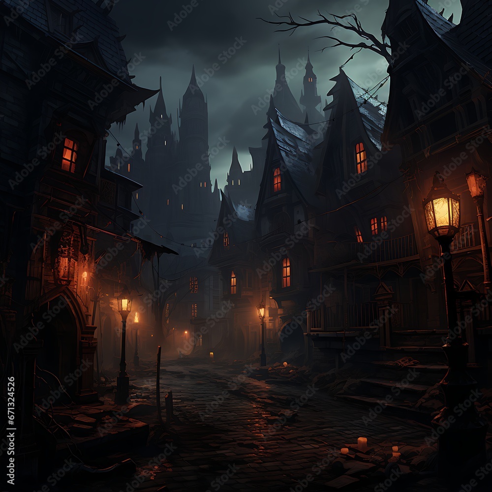 Haunted Village dark and foggy, dark village with heavy fog Halloween concept design. Dark village ghostly