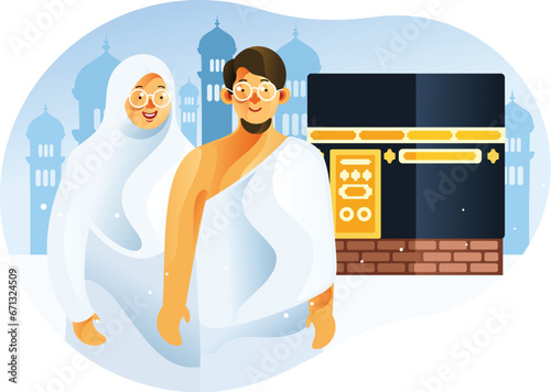 Couple Muslim in front of Kaaba Mecca wearing ihram in Islam Pilgrimage Hajj
