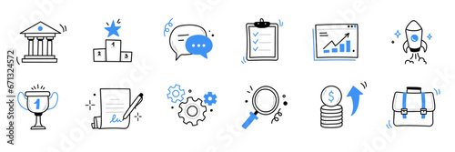Hand drawn business, money icon set. Finance, money, marketing sketch drawn cute trendy doodle icon. Business money, finance calculator, economic elements. Vector illustration