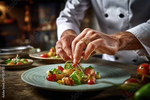 Closeup of male chef hands decorating salad dish