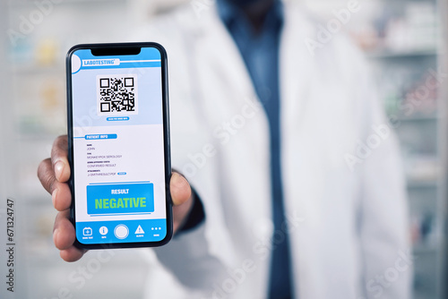 Doctor, hands and phone with QR code in healthcare results, advertising or screening at pharmacy. Closeup of person, pharmacist or medical expert and mobile smartphone app, monkeypox or negative test