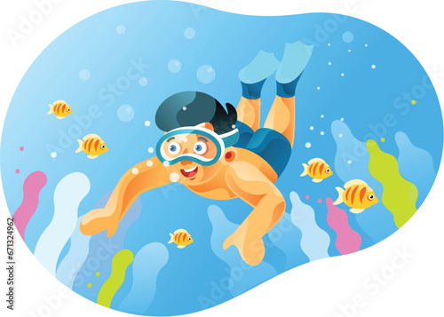 Diver boy sees the beautiful underwater scenery