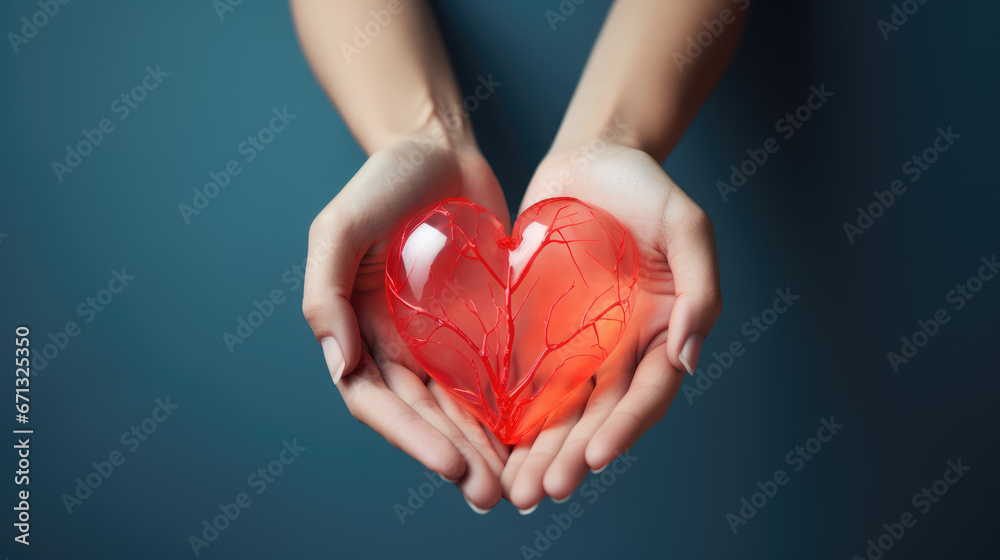hands hold a red glowing transparent heart on a minimal background hands hold a red glowing transparent heart on a minimal background