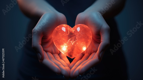 hands hold a red glowing transparent heart on a minimal background