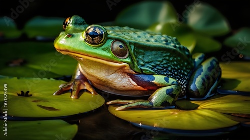 Green frog sitting on a lotus leaf and looks at the camera. 