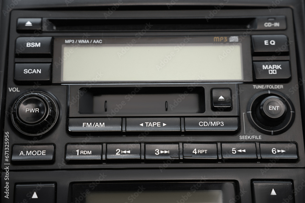 View of automotive head unit in car View of automotive head unit in car