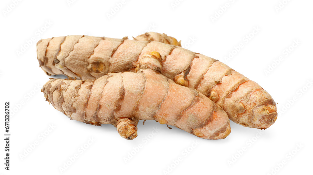 Fresh whole turmeric roots isolated on white Fresh whole turmeric roots isolated on white