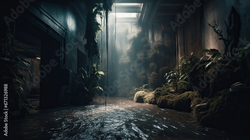 Creepy dark corridor with jungle plants