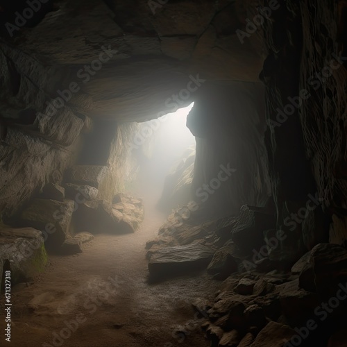 Dark and mysterious cave entrance with light coming through the hole in the rock