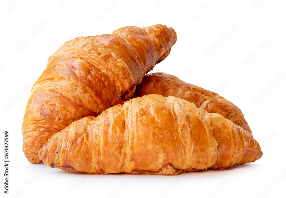 three pieces of croissant in stack isolated on white background with clipping path and shadow in png file format