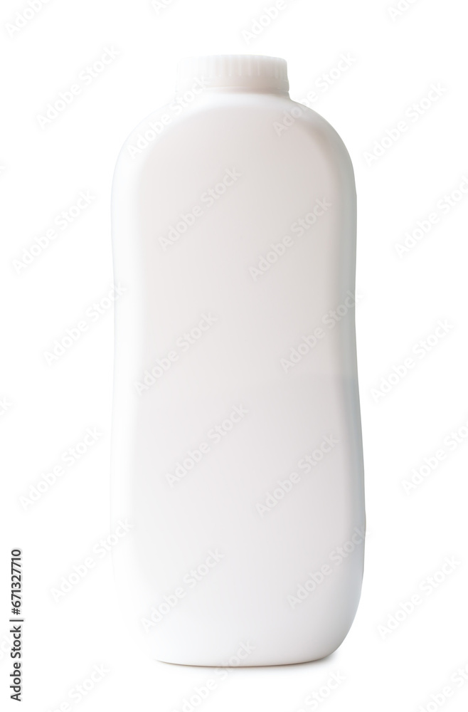 White plastic powder bottle standing isolated on white background with clipping path