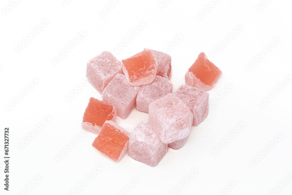 Lokum in rose flavor, white background. Lokum in rose flavor, white background.