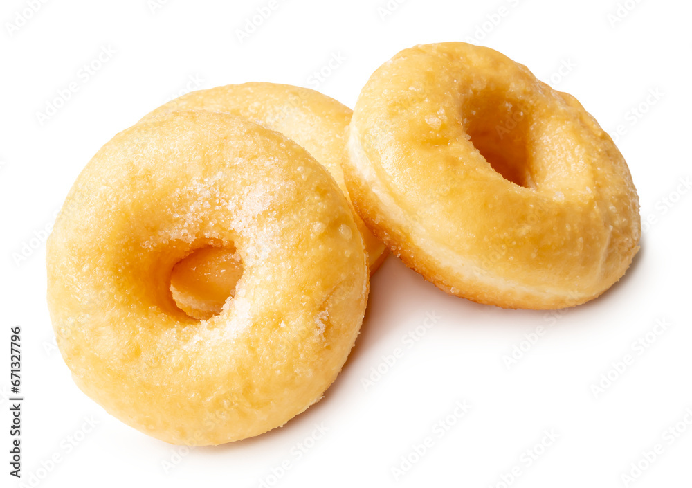 Top view of three delicious Cinnamon Sugar Mini Donuts in stack isolated on white background with clipping path and shadow in png file format Top view of three delicious Cinnamon Sugar Mini Donuts in stack isolated on white background with clipping path and shadow in png file format