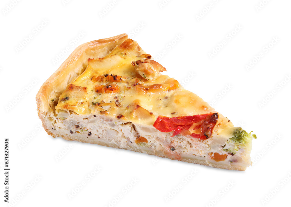 Piece of tasty quiche with chicken, cheese and vegetables isolated on white Piece of tasty quiche with chicken, cheese and vegetables isolated on white