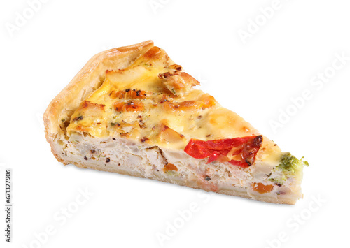 Piece of tasty quiche with chicken, cheese and vegetables isolated on white